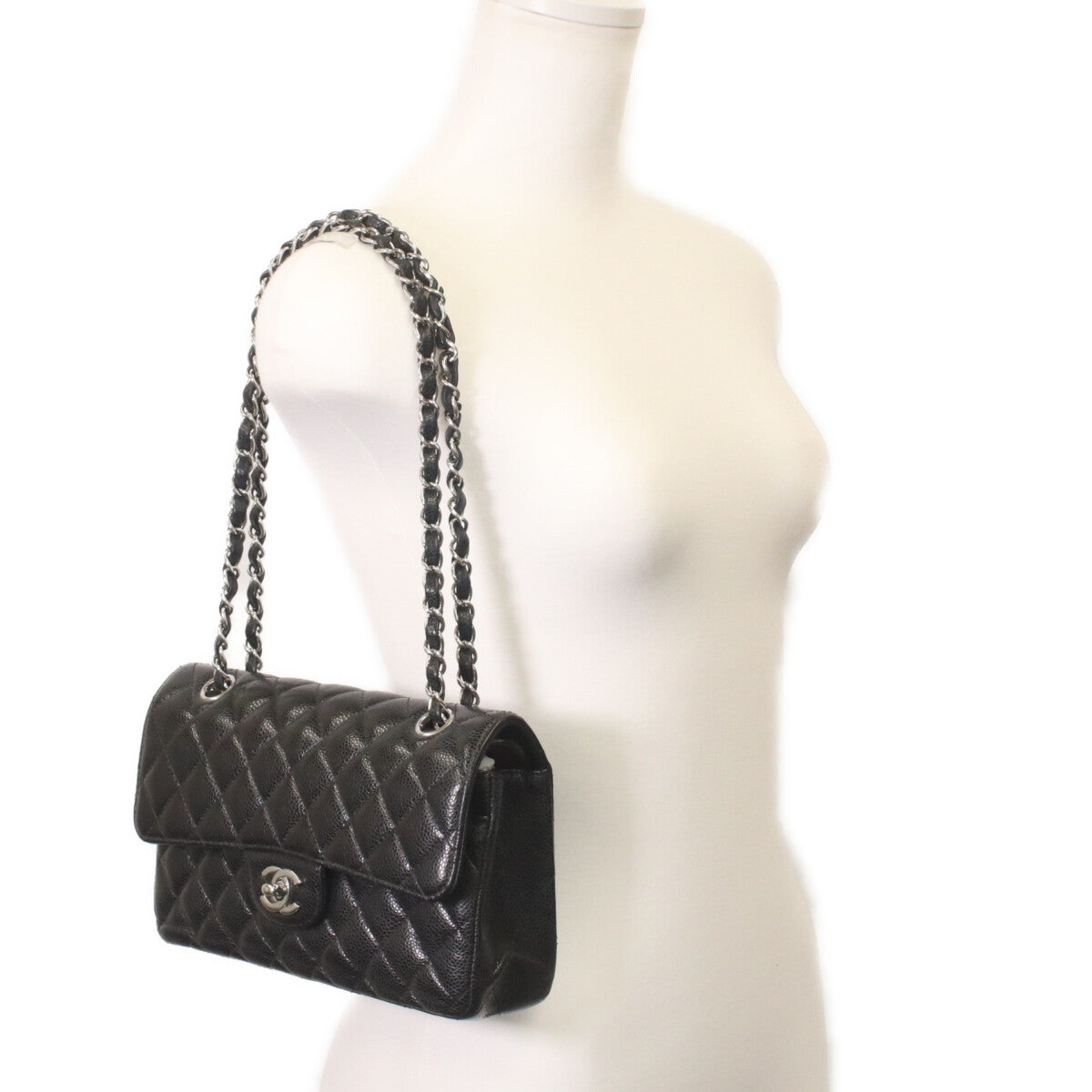 CHANEL シャネル A01113 黒 キャビア シルバー金具 ダブルフラップ マトラッセ23 チェーンショルダーバッグ ショルダーバッグ