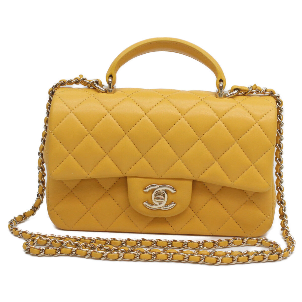CHANEL AS2431 Yellow Lambskin GHW Top Handle Mini Matelasse 20 Shoulder Bag