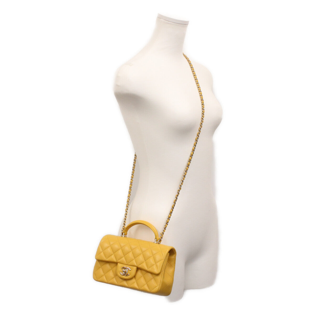 CHANEL AS2431 Yellow Lambskin GHW Top Handle Mini Matelasse 20 Shoulder Bag