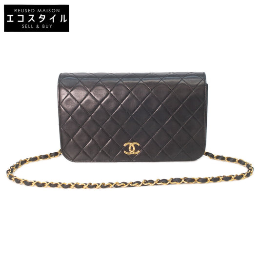 CHANEL Black Lambskin GHW Single Full Flap Push Lock Matelasse 24 Chain Shoulder Bag
