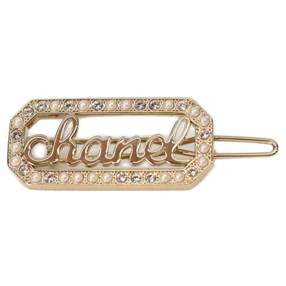 CHANEL L23B Gold Rhinestone Faux Pearl Logo Hair Clip Hair Accessory