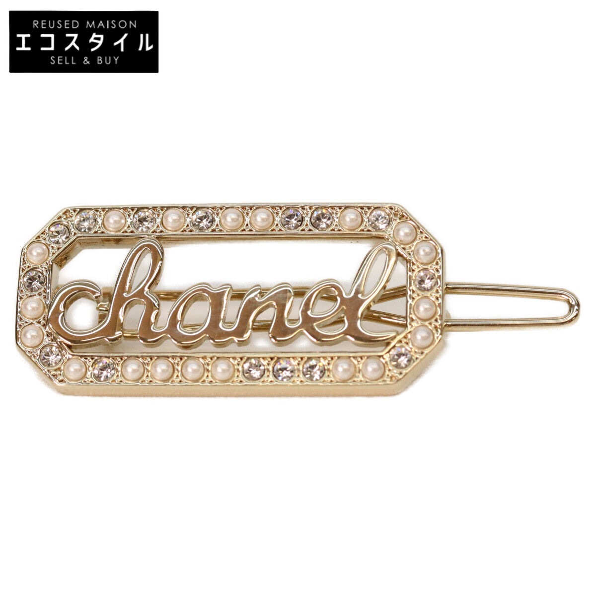CHANEL L23B Gold Rhinestone Faux Pearl Logo Hair Clip Hair Accessory
