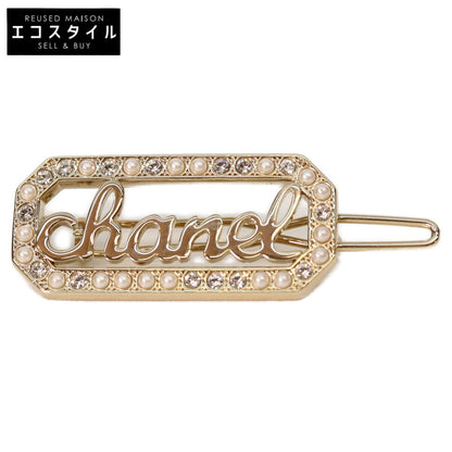 CHANEL L23B Gold Rhinestone Faux Pearl Logo Hair Clip Hair Accessory