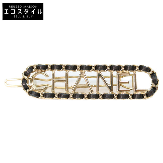 CHANEL F21V Gold Black Braided Logo Hair Clip Hair Accessory