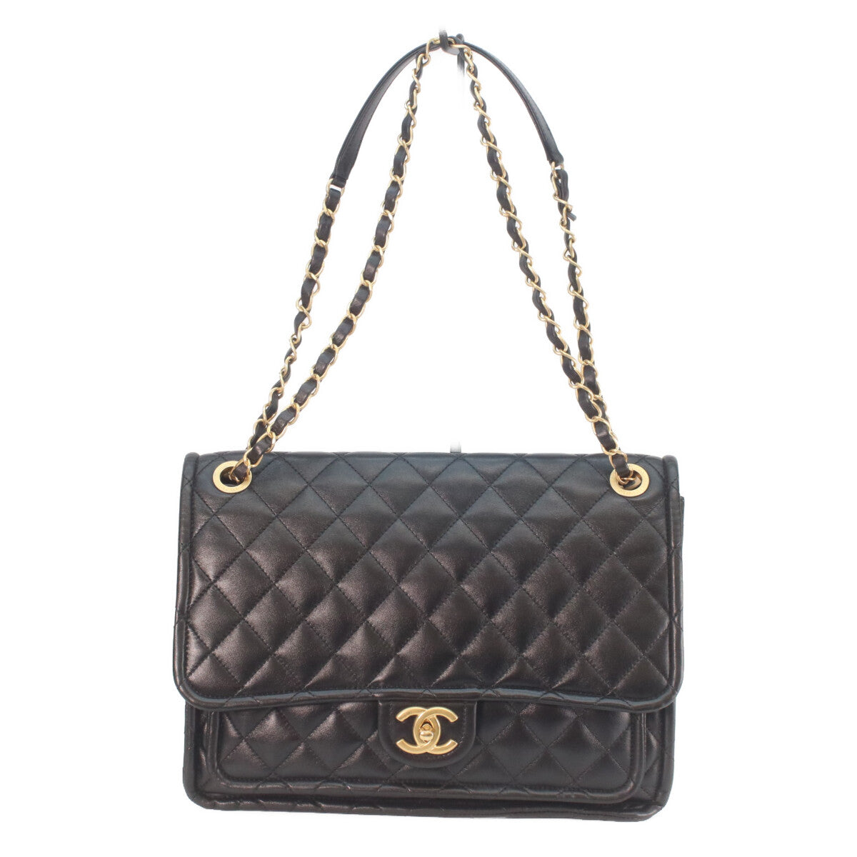 CHANEL シャネル AS4723 黒 シャイニーラム ゴールド金具 マトラッセ シングルフラップ ダブルチェーン ショルダーバッグ ショルダーバッグ