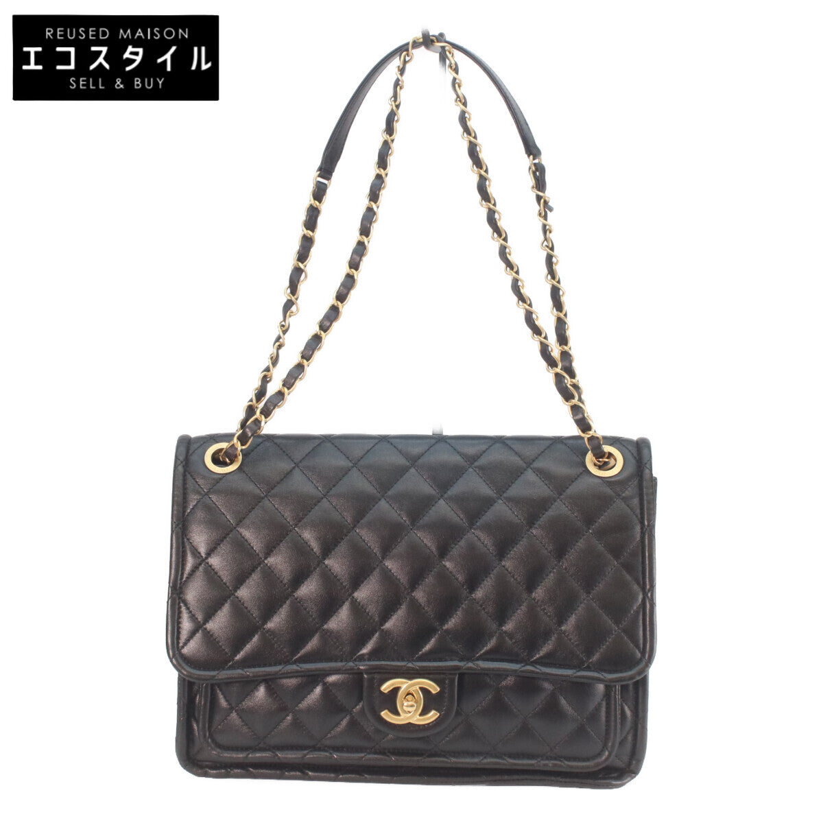 CHANEL シャネル AS4723 黒 シャイニーラム ゴールド金具 マトラッセ シングルフラップ ダブルチェーン ショルダーバッグ ショルダーバッグ