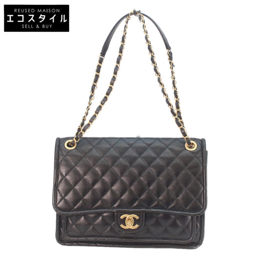 CHANEL AS4723 Black Shiny Lambskin Gold Hardware Matelassé Single Flap Double Chain Shoulder Bag