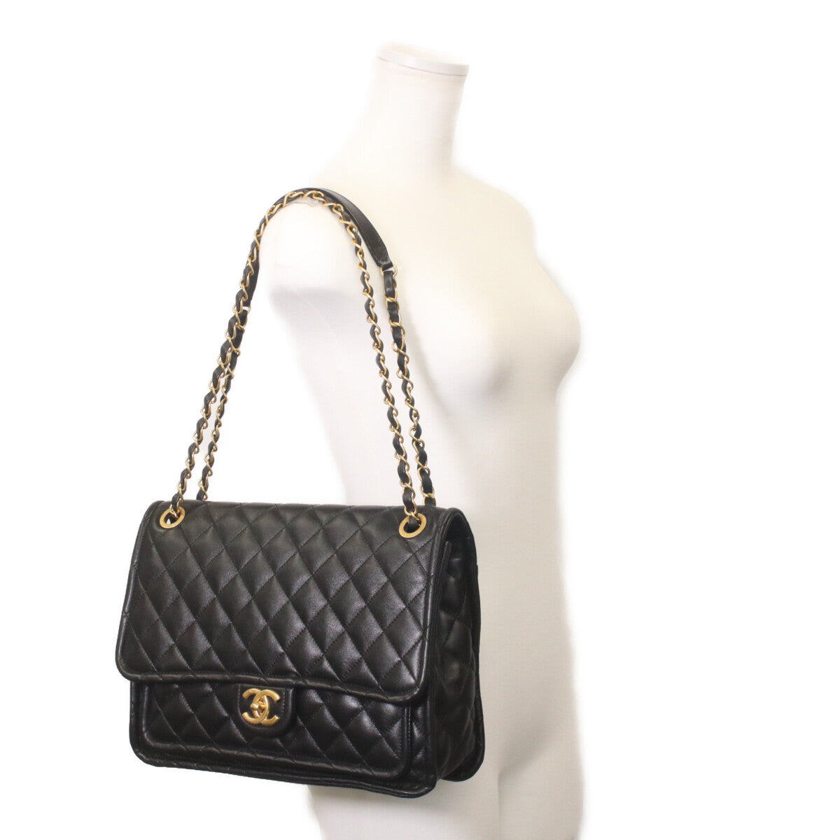 CHANEL シャネル AS4723 黒 シャイニーラム ゴールド金具 マトラッセ シングルフラップ ダブルチェーン ショルダーバッグ ショルダーバッグ
