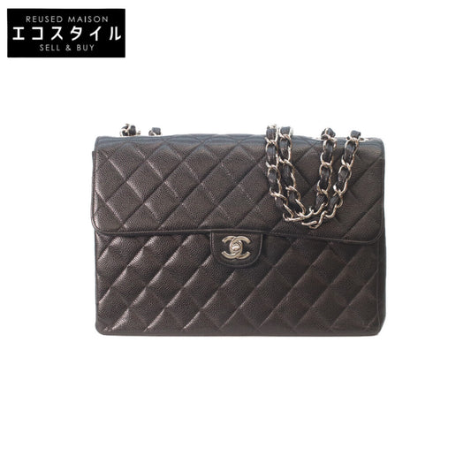 CHANEL A28600 Black Caviar Leather Silver Hardware Single Flap Maxi Jumbo Matelasse 30 Shoulder Bag
