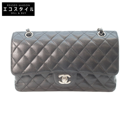 CHANEL 19 A01112 Black Caviar Silver Hardware Double Flap Matelassé 25 Shoulder Bag