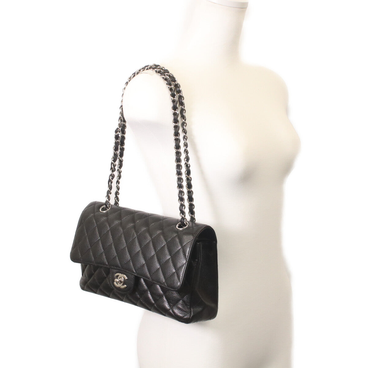 CHANEL 19 A01112 Black Caviar Silver Hardware Double Flap Matelassé 25 Shoulder Bag