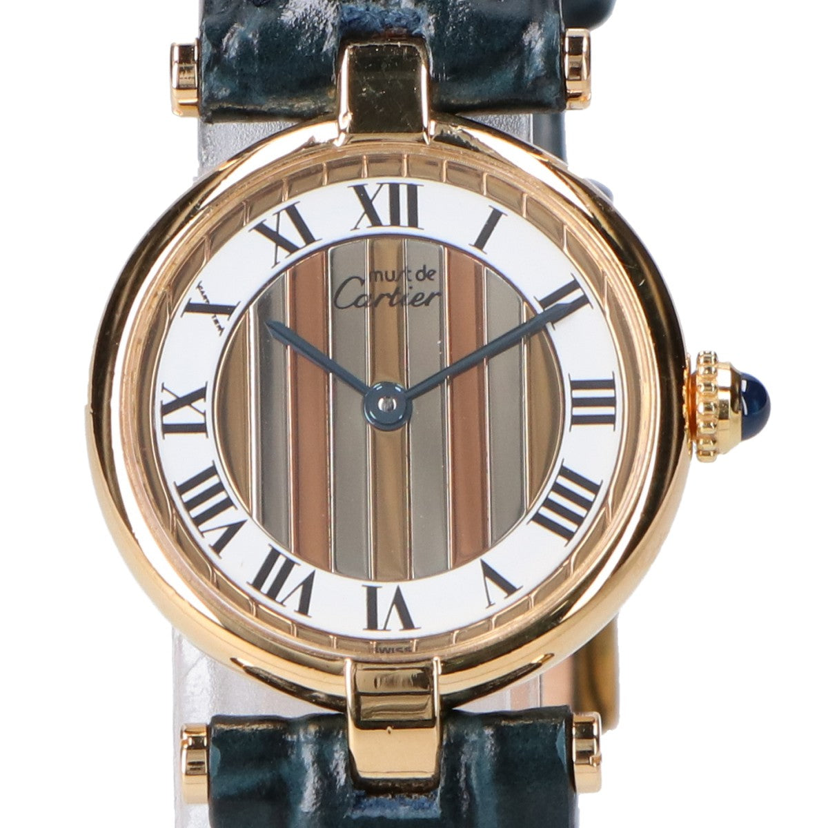 Cartier カルティエ 80-90s 仕上げ済み 925 マストヴァンドームヴェルメイユSM センタートリニティ 白文字盤 QZ ネイビー革 腕時計