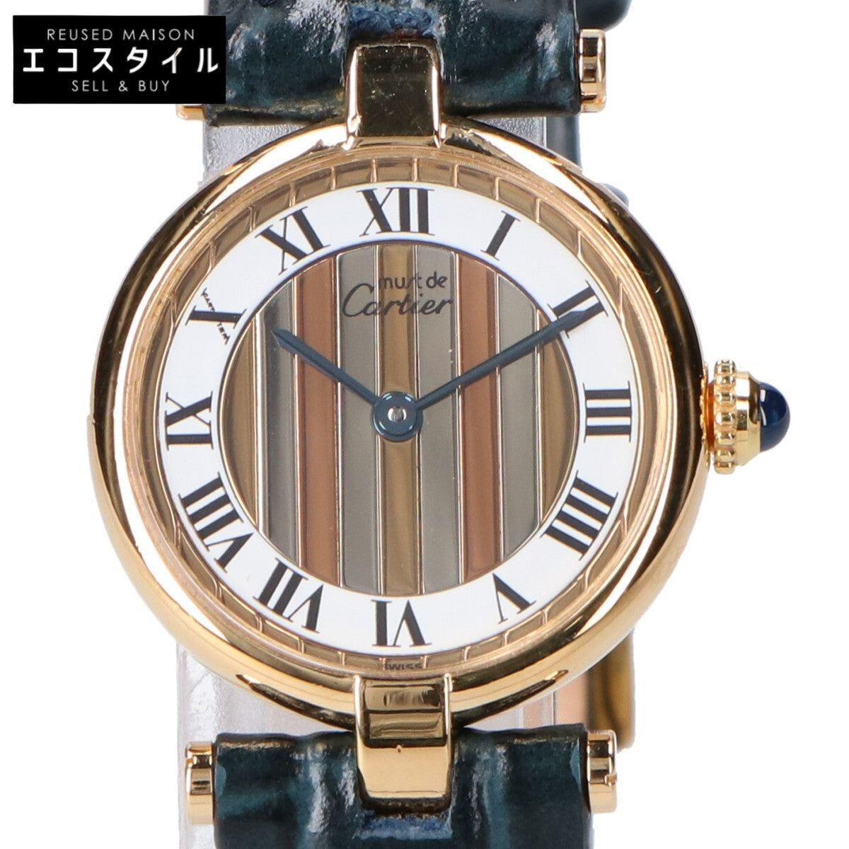 Cartier カルティエ 80-90s 仕上げ済み 925 マストヴァンドームヴェルメイユSM センタートリニティ 白文字盤 QZ ネイビー革 腕時計