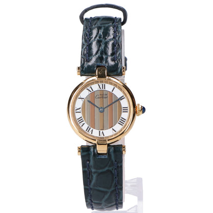 Cartier カルティエ 80-90s 仕上げ済み 925 マストヴァンドームヴェルメイユSM センタートリニティ 白文字盤 QZ ネイビー革 腕時計