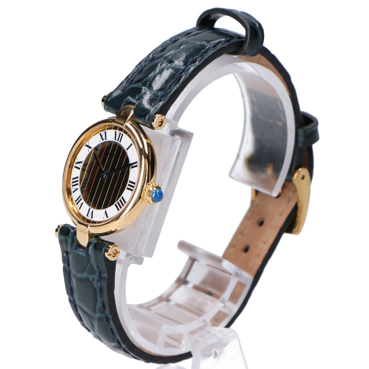 Cartier カルティエ 80-90s 仕上げ済み 925 マストヴァンドームヴェルメイユSM センタートリニティ 白文字盤 QZ ネイビー革 腕時計