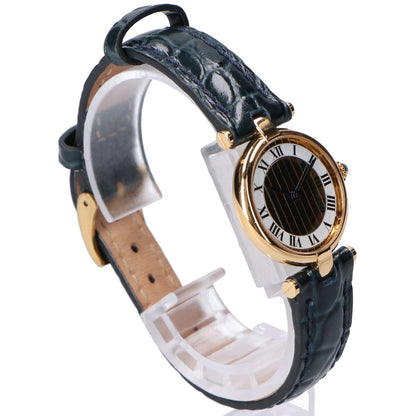 Cartier カルティエ 80-90s 仕上げ済み 925 マストヴァンドームヴェルメイユSM センタートリニティ 白文字盤 QZ ネイビー革 腕時計