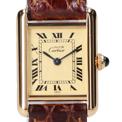 Cartier Must Tank Vermeil SM W1003153 925 Ivory Dial Roman Numerals Quartz Leather Watch (Finished)