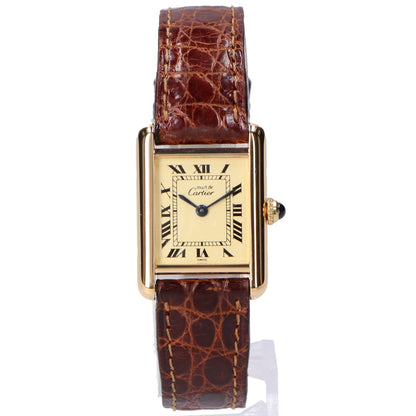 Cartier Must Tank Vermeil SM W1003153 925 Ivory Dial Roman Numerals Quartz Leather Watch (Finished)