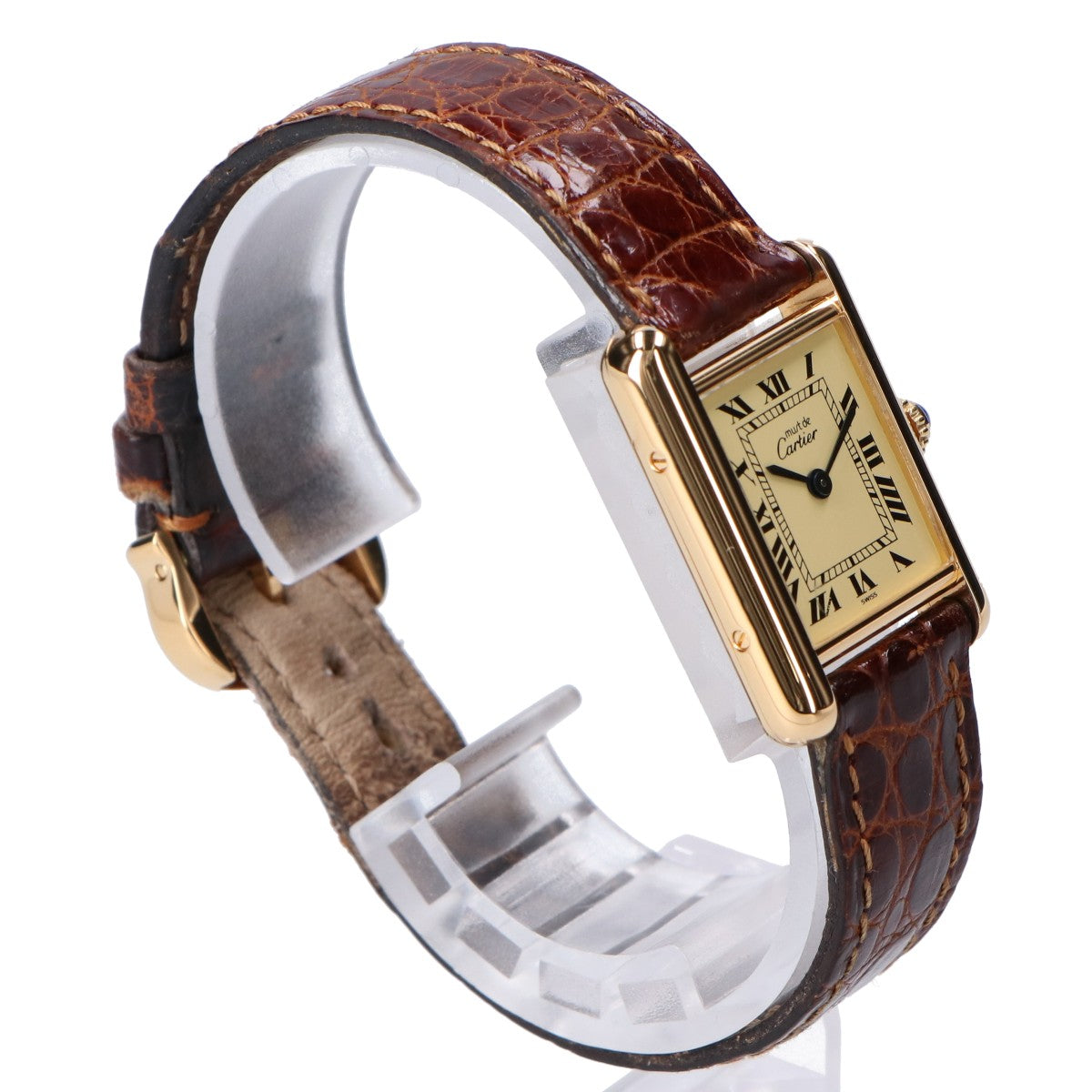 Cartier Must Tank Vermeil SM W1003153 925 Ivory Dial Roman Numerals Quartz Leather Watch (Finished)