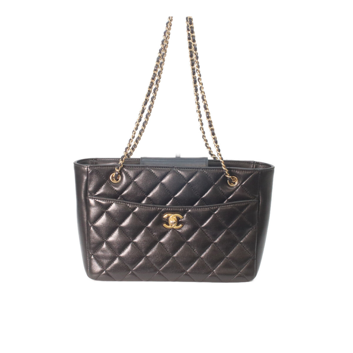 CHANEL AS5215 Black Shiny Lambskin Gold Hardware Small Shopping Tote Tote Bag