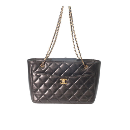 CHANEL AS5215 Black Shiny Lambskin Gold Hardware Small Shopping Tote Tote Bag