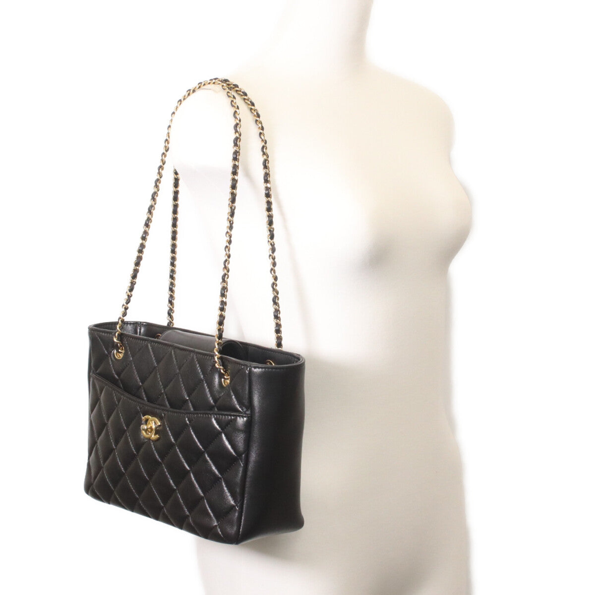CHANEL AS5215 Black Shiny Lambskin Gold Hardware Small Shopping Tote Tote Bag