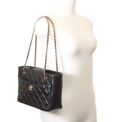 CHANEL AS5215 Black Shiny Lambskin Gold Hardware Small Shopping Tote Tote Bag