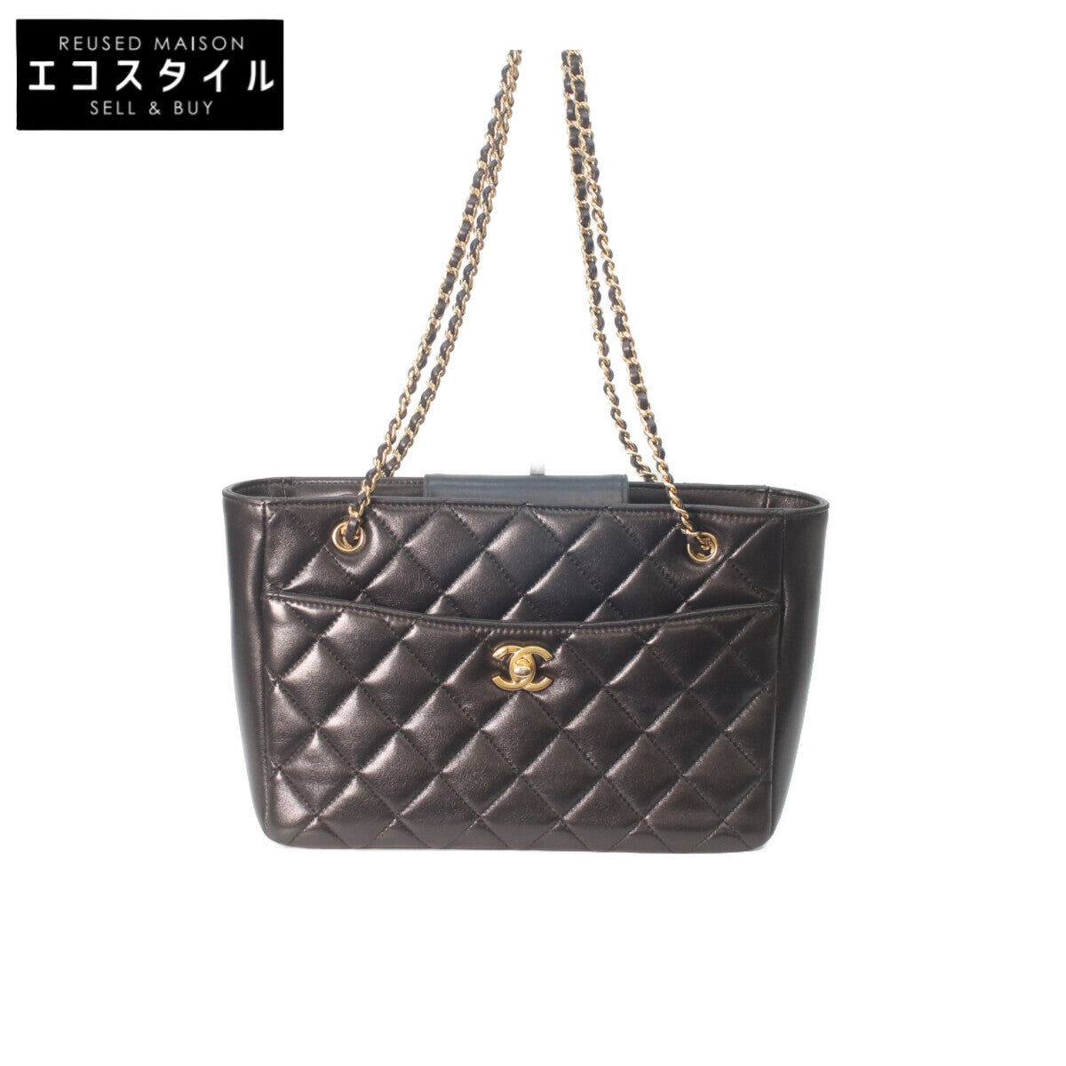CHANEL AS5215 Black Shiny Lambskin Gold Hardware Small Shopping Tote Tote Bag