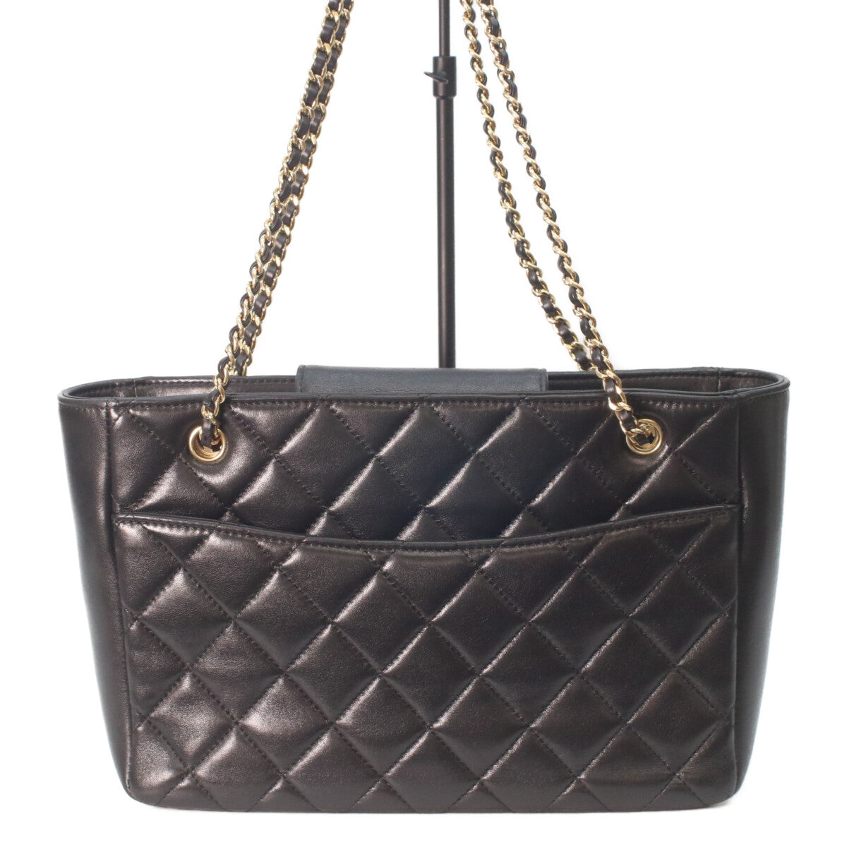 CHANEL AS5215 Black Shiny Lambskin Gold Hardware Small Shopping Tote Tote Bag