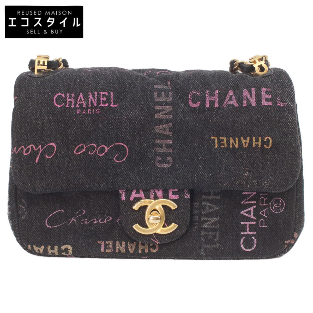 CHANEL シャネル AS3135 黒 プリントデニム ゴールド金具 ミニマトラッセ21 チェーンショルダーバッグ ショルダーバッグ