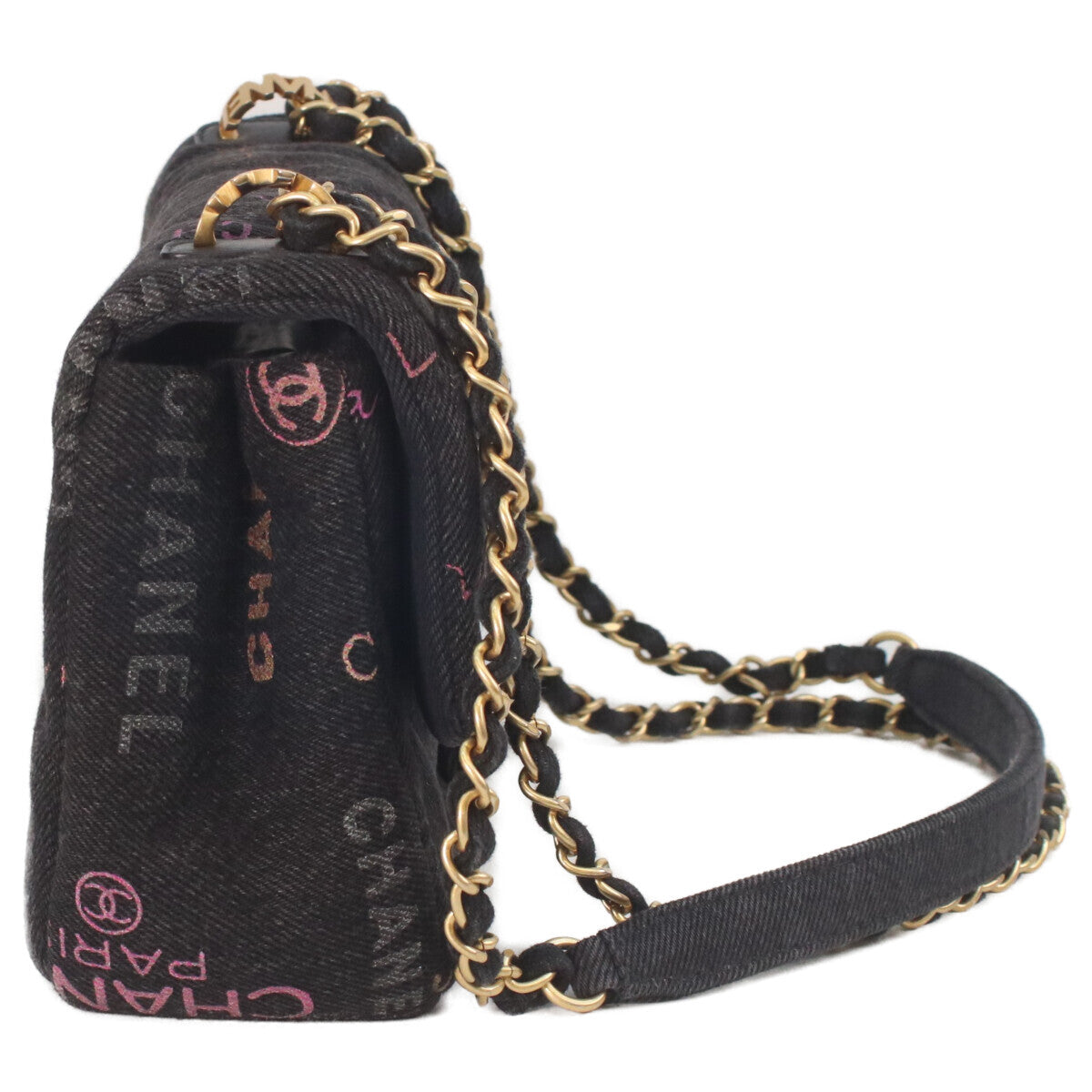 CHANEL シャネル AS3135 黒 プリントデニム ゴールド金具 ミニマトラッセ21 チェーンショルダーバッグ ショルダーバッグ