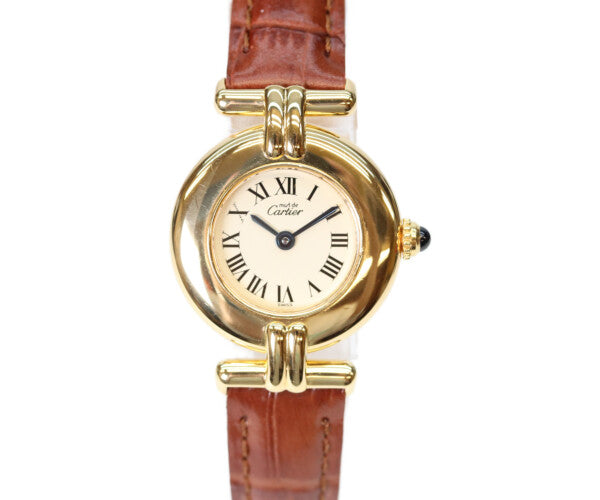 Cartier カルティエ 80-90s W1000654 925 マストコリゼヴェルメイユSM アイボリーローマ文字盤 QZ 革 腕時計