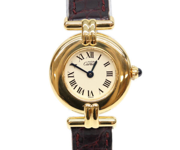 Cartier カルティエ 80-90s W1000654 925 マストコリゼヴェルメイユSM アイボリーローマ文字盤 QZ 革 腕時計