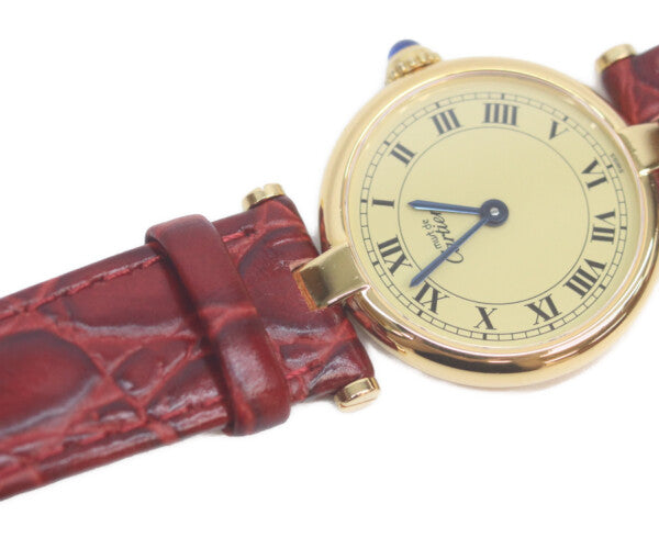 Cartier カルティエ W100225301 80-90s 925 マストヴァンドームヴェルメイユSM アイボリーローマ文字盤 革 QZ 腕時計