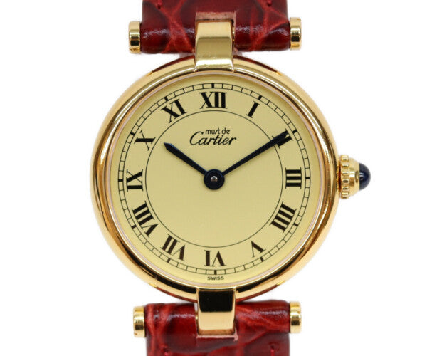 Cartier カルティエ W100225301 80-90s 925 マストヴァンドームヴェルメイユSM アイボリーローマ文字盤 革 QZ 腕時計