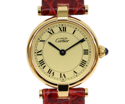 Cartier カルティエ W100225301 80-90s 925 マストヴァンドームヴェルメイユSM アイボリーローマ文字盤 革 QZ 腕時計