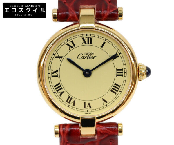 Cartier カルティエ W100225301 80-90s 925 マストヴァンドームヴェルメイユSM アイボリーローマ文字盤 革 QZ 腕時計