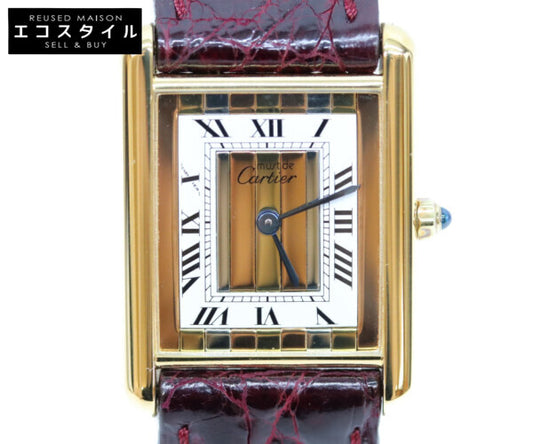 Cartier カルティエ 89年 925 マストタンクヴェルメイユLM トリニティ文字盤 QZ 革 腕時計