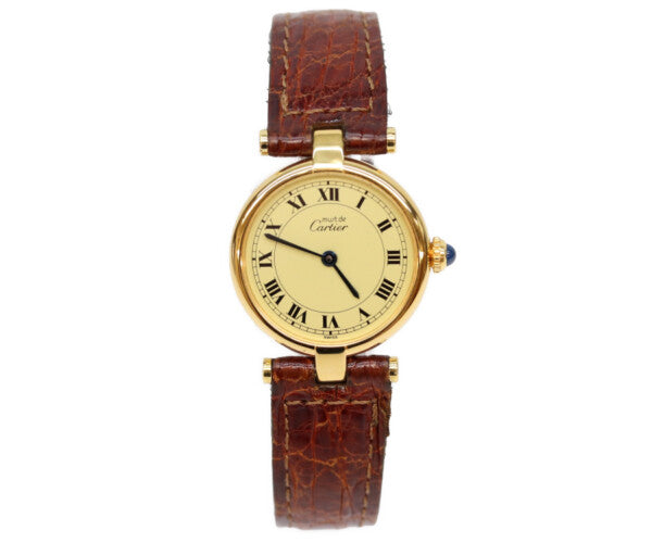 Cartier カルティエ W100225301 80-90s 925 マストヴァンドームヴェルメイユSM アイボリーローマ文字盤 革 QZ 腕時計