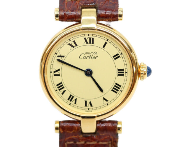 Cartier カルティエ W100225301 80-90s 925 マストヴァンドームヴェルメイユSM アイボリーローマ文字盤 革 QZ 腕時計