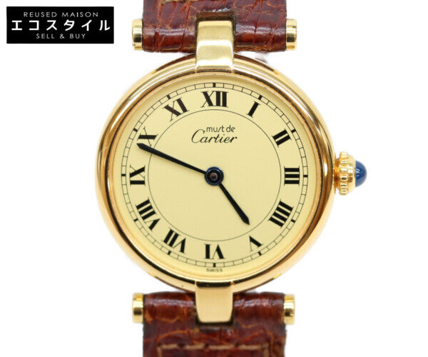 Cartier カルティエ W100225301 80-90s 925 マストヴァンドームヴェルメイユSM アイボリーローマ文字盤 革 QZ 腕時計