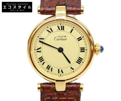 Cartier カルティエ W100225301 80-90s 925 マストヴァンドームヴェルメイユSM アイボリーローマ文字盤 革 QZ 腕時計