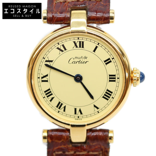 Cartier カルティエ W100225301 80-90s 925 マストヴァンドームヴェルメイユSM アイボリーローマ文字盤 革 QZ 腕時計