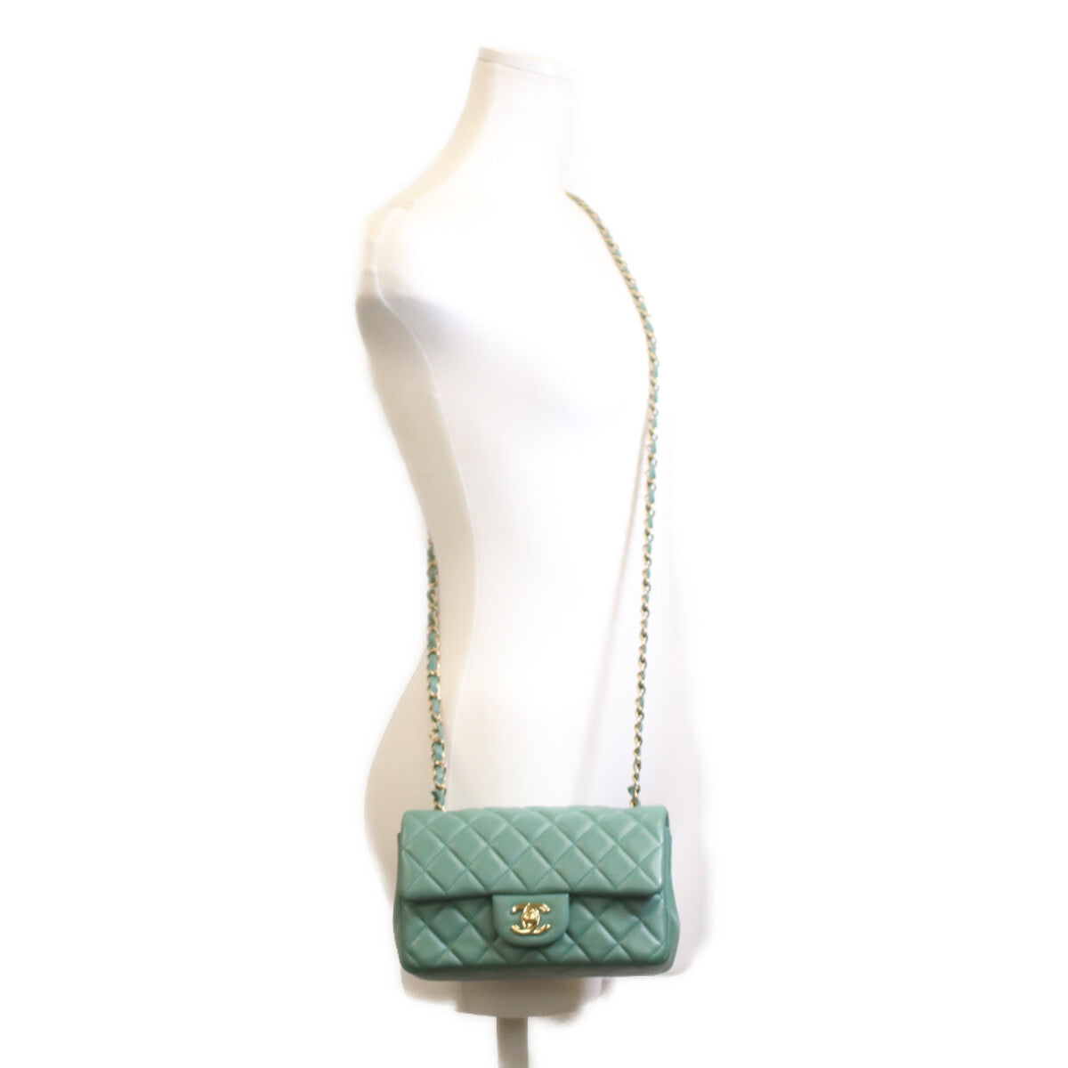 CHANEL A69900 Emerald Green Lambskin Gold Hardware Mini Matelasse 20 Shoulder Bag