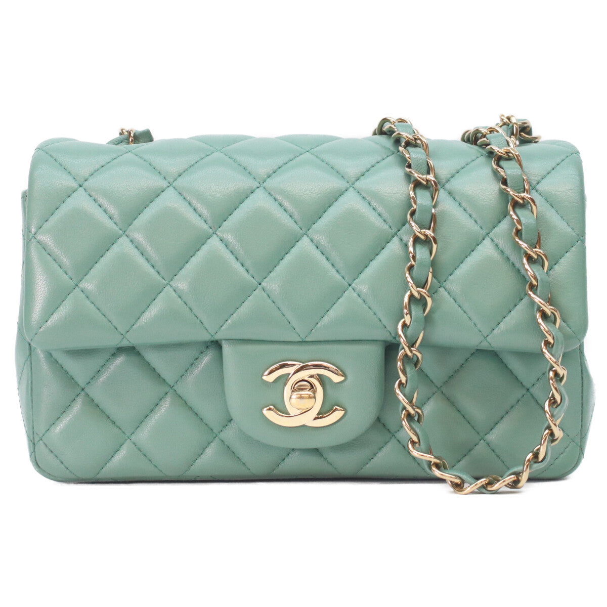 CHANEL A69900 Emerald Green Lambskin Gold Hardware Mini Matelasse 20 Shoulder Bag