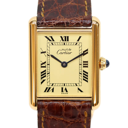 Cartier Cartier 1980s–90s W1002753 925 Must Tank Vermeil LM ivory Roman numeral dial quartz leather wristwatch
