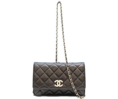 CHANEL シャネル A33814 ラム 黒 ゴールド金具 ココパール マトラッセ チェーンウォレット 財布 ショルダーバッグ