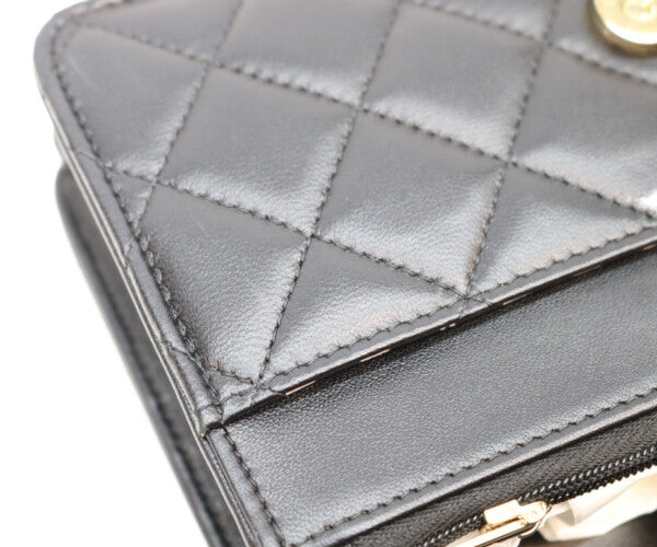 CHANEL シャネル A33814 ラム 黒 ゴールド金具 ココパール マトラッセ チェーンウォレット 財布 ショルダーバッグ