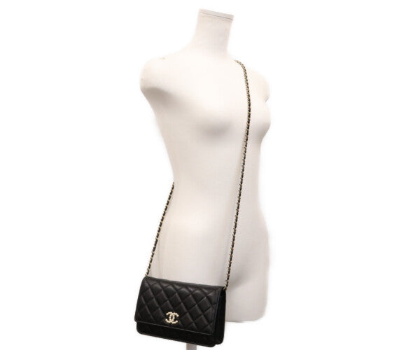 CHANEL シャネル A33814 ラム 黒 ゴールド金具 ココパール マトラッセ チェーンウォレット 財布 ショルダーバッグ