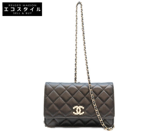 CHANEL シャネル A33814 ラム 黒 ゴールド金具 ココパール マトラッセ チェーンウォレット 財布 ショルダーバッグ